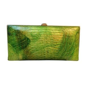 Rare Lodis Green Lizard Embossed Leather Frame Clutch Wallet Silver Kiss Lock